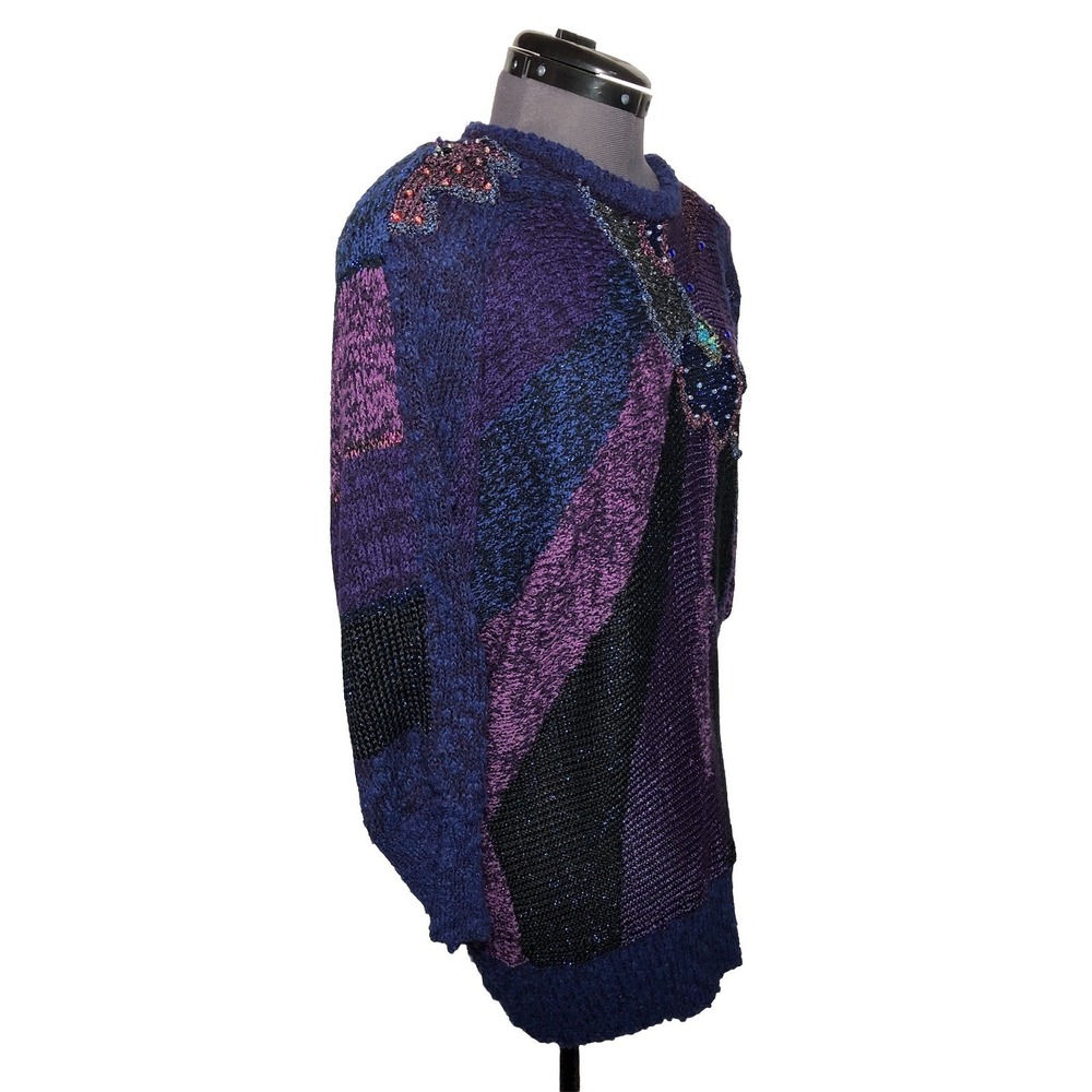 Vtg 80s Funky Statement Sweater Abstract Art Knit Beaded Glam Novelty M B44 - Picture 4 of 9